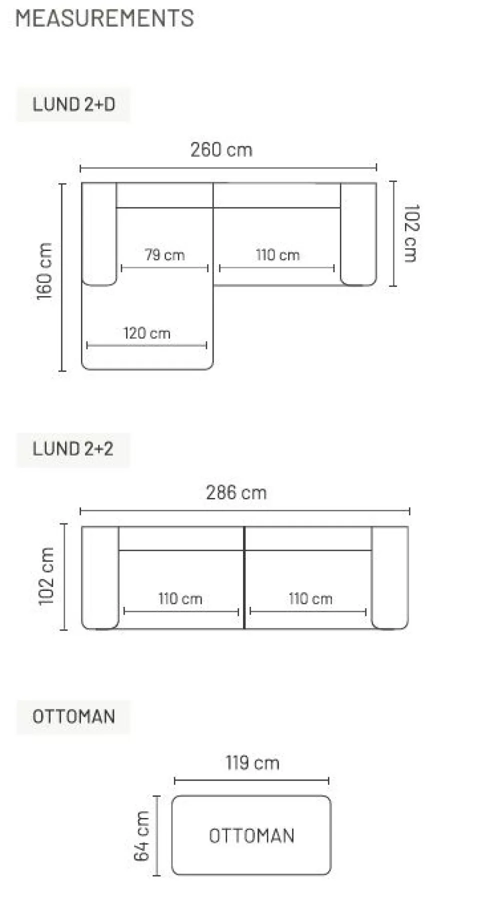 Lund divaanisohva 260cm, eri värejä