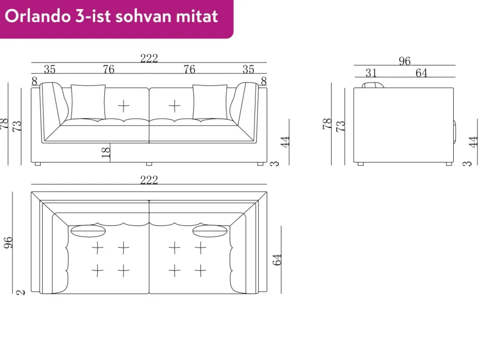 Orlando 3-ist sohva 222 cm, valkoinen