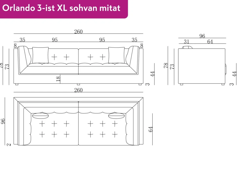 Orlando 3-ist XL sohva 260 cm, valkoinen