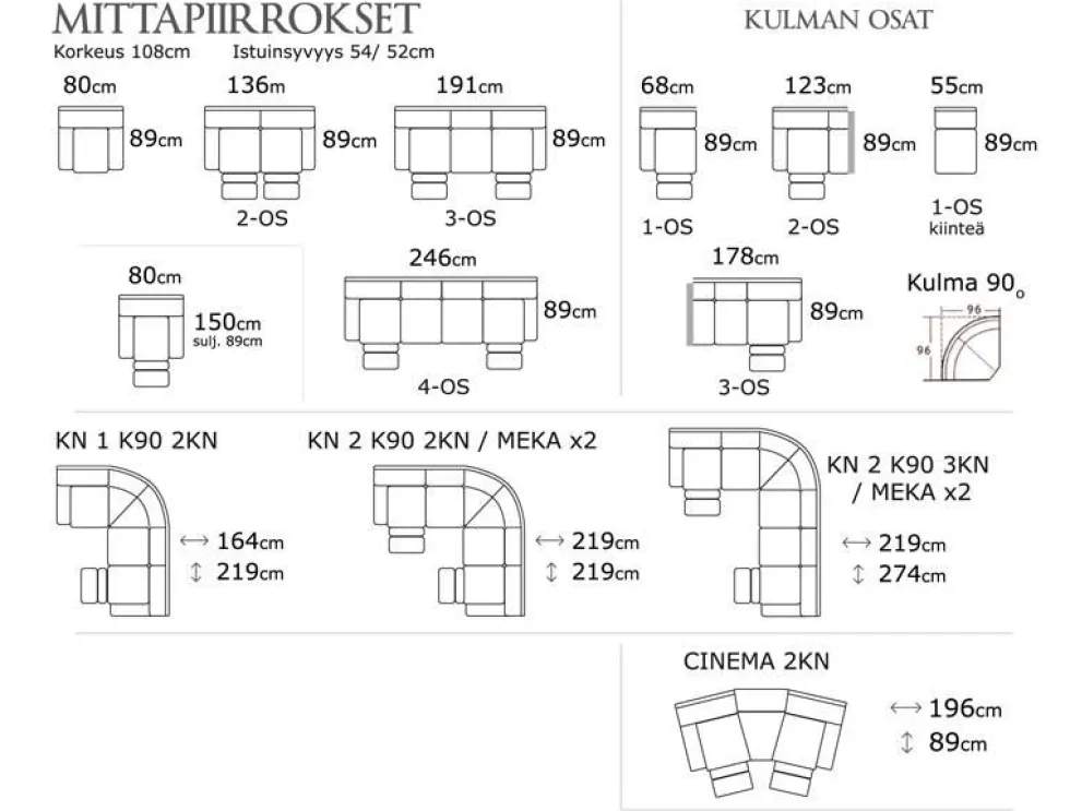 PK Furniture Kick 3-ist mekanismisohva, kangasverhoiltu
