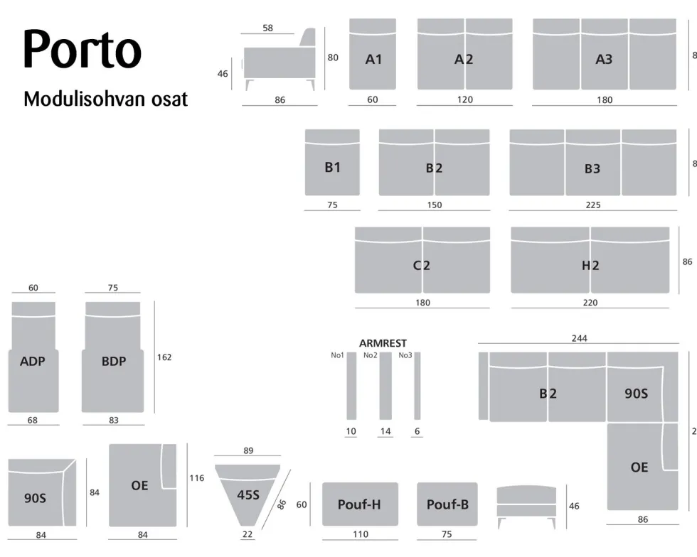 Porto 3-istuttava sohva, eri värejä