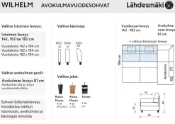 Wilhelm avokulmavuodesohva, eri vaihtoehtoja